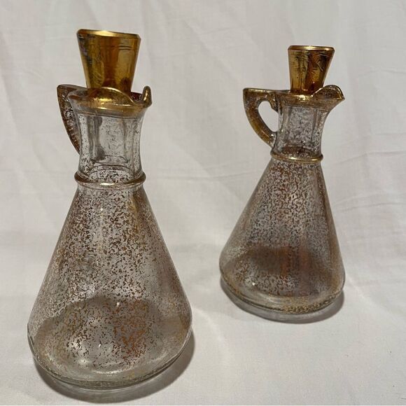 Hazel Atlas MCM vintage gold speckled glass set of 2 oil and vinegar cruets - Picture 6 of 10